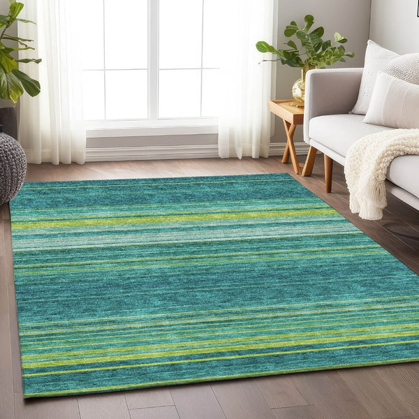HomeRoots 5' X 8' Washable Striped Area Rug in Teal, Lime Green & Sky Blue - Stain Resistant & UV Protected! 677341