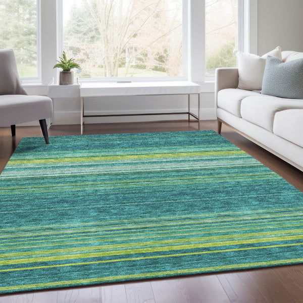 HomeRoots 5' X 8' Washable Striped Area Rug in Teal, Lime Green & Sky Blue - Stain Resistant & UV Protected! 677341