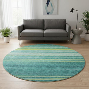 HomeRoots 8' Vibrant Teal, Lime Green & Sky Blue Striped Washable Round Rug - Durable, UV Protected & Easy-Care! 677342