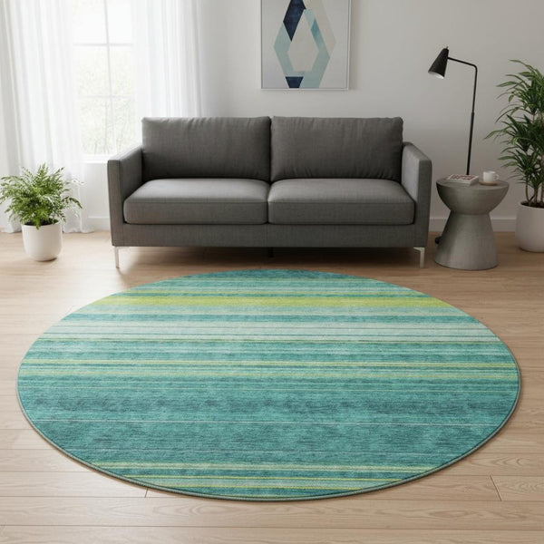 HomeRoots 8' Vibrant Teal, Lime Green & Sky Blue Striped Washable Round Rug - Durable, UV Protected & Easy-Care! 677342