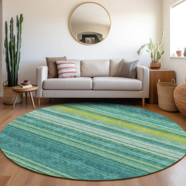 HomeRoots 8' Vibrant Teal, Lime Green & Sky Blue Striped Washable Round Rug - Durable, UV Protected & Easy-Care! 677342
