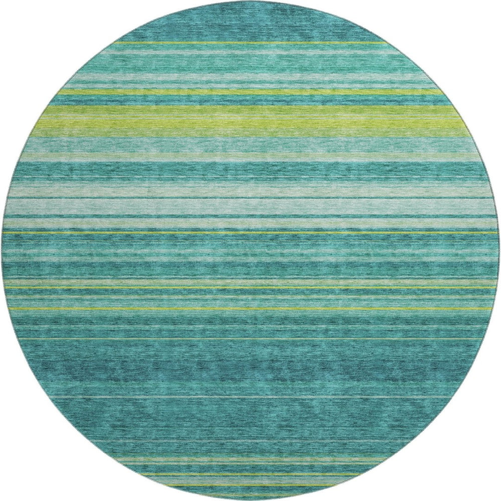HomeRoots 8' Vibrant Teal, Lime Green & Sky Blue Striped Washable Round Rug - Durable, UV Protected & Easy-Care! 677342
