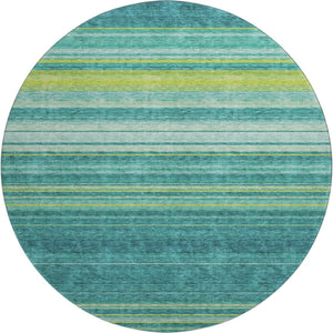 HomeRoots 8' Vibrant Teal, Lime Green & Sky Blue Striped Washable Round Rug - Durable, UV Protected & Easy-Care! 677342