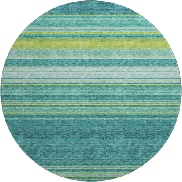 HomeRoots 8' Vibrant Teal, Lime Green & Sky Blue Striped Washable Round Rug - Durable, UV Protected & Easy-Care! 677342
