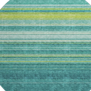 HomeRoots 8' Vibrant Teal, Lime Green & Sky Blue Striped Washable Round Rug - Durable, UV Protected & Easy-Care! 677342