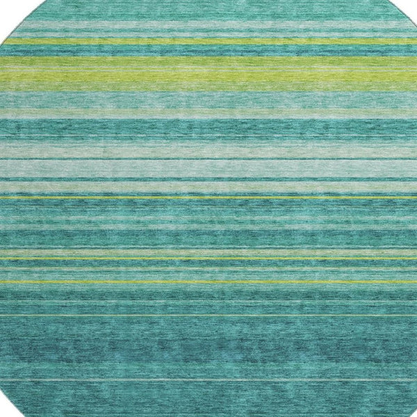 HomeRoots 8' Vibrant Teal, Lime Green & Sky Blue Striped Washable Round Rug - Durable, UV Protected & Easy-Care! 677342