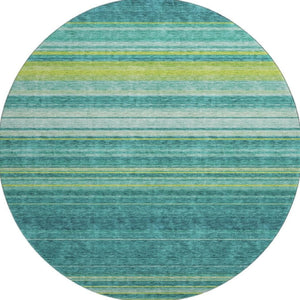 HomeRoots 8' Vibrant Teal, Lime Green & Sky Blue Striped Washable Round Rug - Durable, UV Protected & Easy-Care! 677342