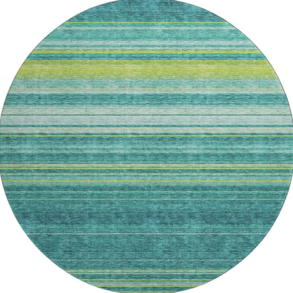 HomeRoots 8' Vibrant Teal, Lime Green & Sky Blue Striped Washable Round Rug - Durable, UV Protected & Easy-Care! 677342
