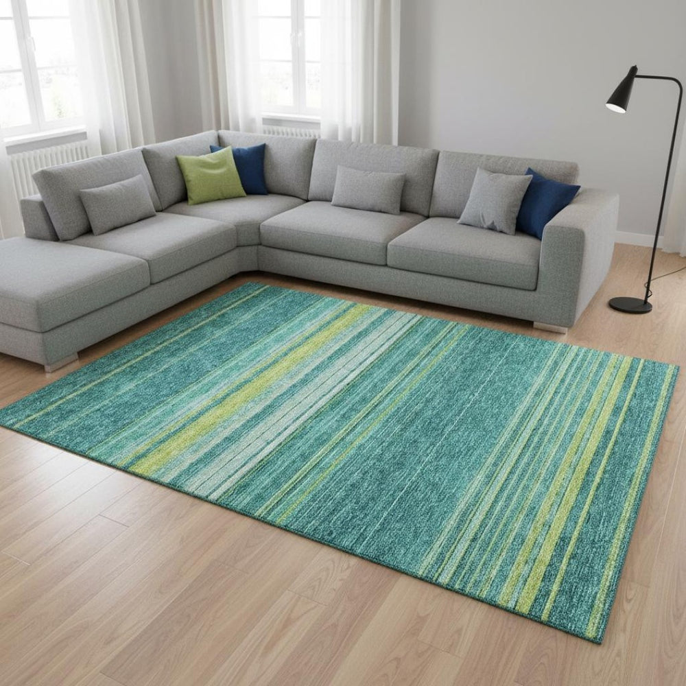 HomeRoots 8' X 10' Coastal-Inspired Striped Area Rug in Teal, Lime Green & Sky Blue - Washable & UV Protected! 677343
