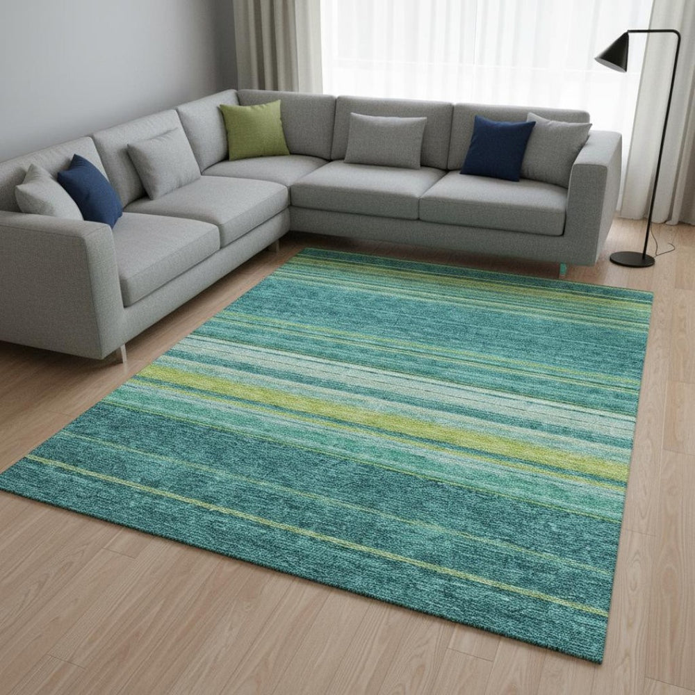 HomeRoots 9' X 12' Vibrant Teal Lime Green Sky Blue Striped Area Rug - Durable, Washable, UV Protected Design 677344