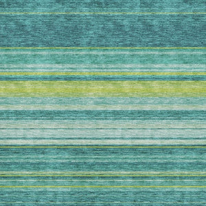 HomeRoots 9' X 12' Vibrant Teal Lime Green Sky Blue Striped Area Rug - Durable, Washable, UV Protected Design 677344