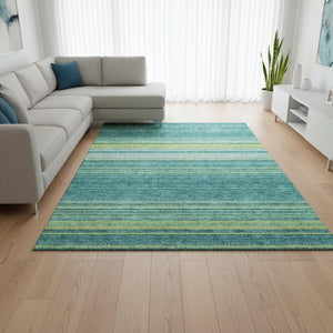 HomeRoots 10' X 14' Striped Area Rug in Teal, Lime Green & Sky Blue - UV Protected, Stain Resistant & Durable 677345