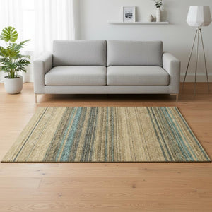HomeRoots 5' X 8' Washable Area Rug in Wheat, Teal & Brown Stripes - UV Protected, Durable & Easy Care Design 677347