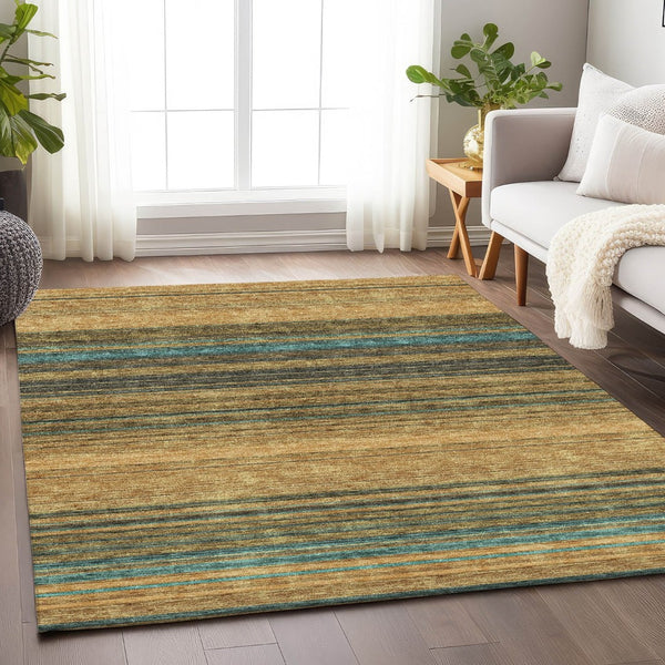 HomeRoots 5' X 8' Washable Area Rug in Wheat, Teal & Brown Stripes - UV Protected, Durable & Easy Care Design 677347