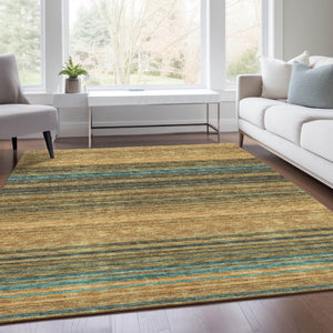 HomeRoots 5' X 8' Washable Area Rug in Wheat, Teal & Brown Stripes - UV Protected, Durable & Easy Care Design 677347