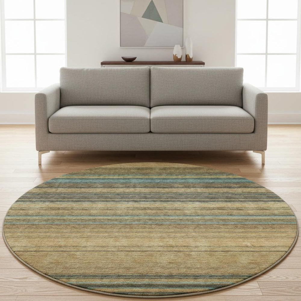 HomeRoots 8' Washable Round Rug in Wheat, Teal & Brown Stripes – Durable, UV-Protected, Ideal for Homes with Kids! 677348
