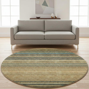 HomeRoots 8' Washable Round Rug in Wheat, Teal & Brown Stripes – Durable, UV-Protected, Ideal for Homes with Kids! 677348