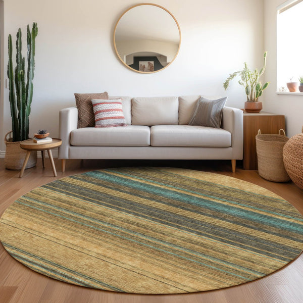 HomeRoots 8' Washable Round Rug in Wheat, Teal & Brown Stripes – Durable, UV-Protected, Ideal for Homes with Kids! 677348