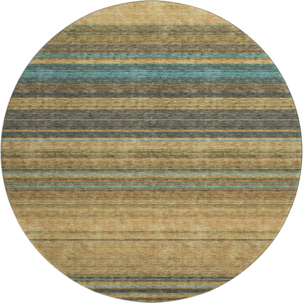 HomeRoots 8' Washable Round Rug in Wheat, Teal & Brown Stripes – Durable, UV-Protected, Ideal for Homes with Kids! 677348