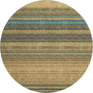 HomeRoots 8' Washable Round Rug in Wheat, Teal & Brown Stripes – Durable, UV-Protected, Ideal for Homes with Kids! 677348