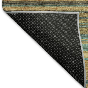 HomeRoots 8' Washable Round Rug in Wheat, Teal & Brown Stripes – Durable, UV-Protected, Ideal for Homes with Kids! 677348