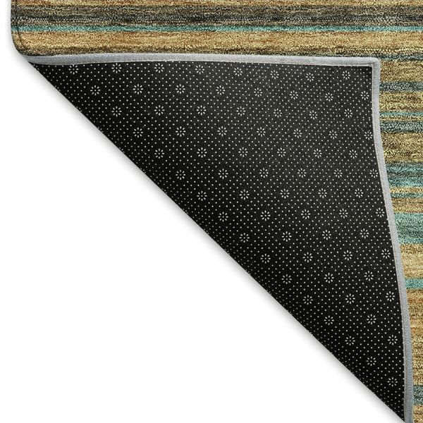 HomeRoots 8' Washable Round Rug in Wheat, Teal & Brown Stripes – Durable, UV-Protected, Ideal for Homes with Kids! 677348