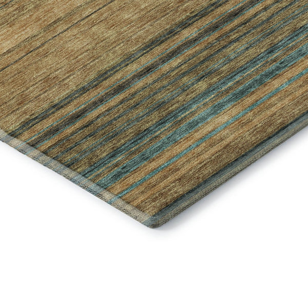 HomeRoots 8' Washable Round Rug in Wheat, Teal & Brown Stripes – Durable, UV-Protected, Ideal for Homes with Kids! 677348