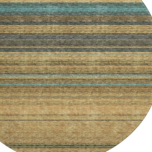 HomeRoots 8' Washable Round Rug in Wheat, Teal & Brown Stripes – Durable, UV-Protected, Ideal for Homes with Kids! 677348