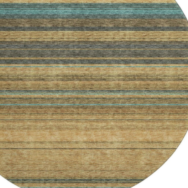 HomeRoots 8' Washable Round Rug in Wheat, Teal & Brown Stripes – Durable, UV-Protected, Ideal for Homes with Kids! 677348
