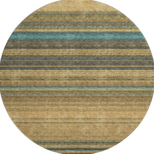 HomeRoots 8' Washable Round Rug in Wheat, Teal & Brown Stripes – Durable, UV-Protected, Ideal for Homes with Kids! 677348