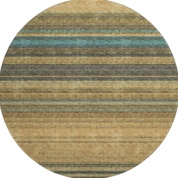 HomeRoots 8' Washable Round Rug in Wheat, Teal & Brown Stripes – Durable, UV-Protected, Ideal for Homes with Kids! 677348