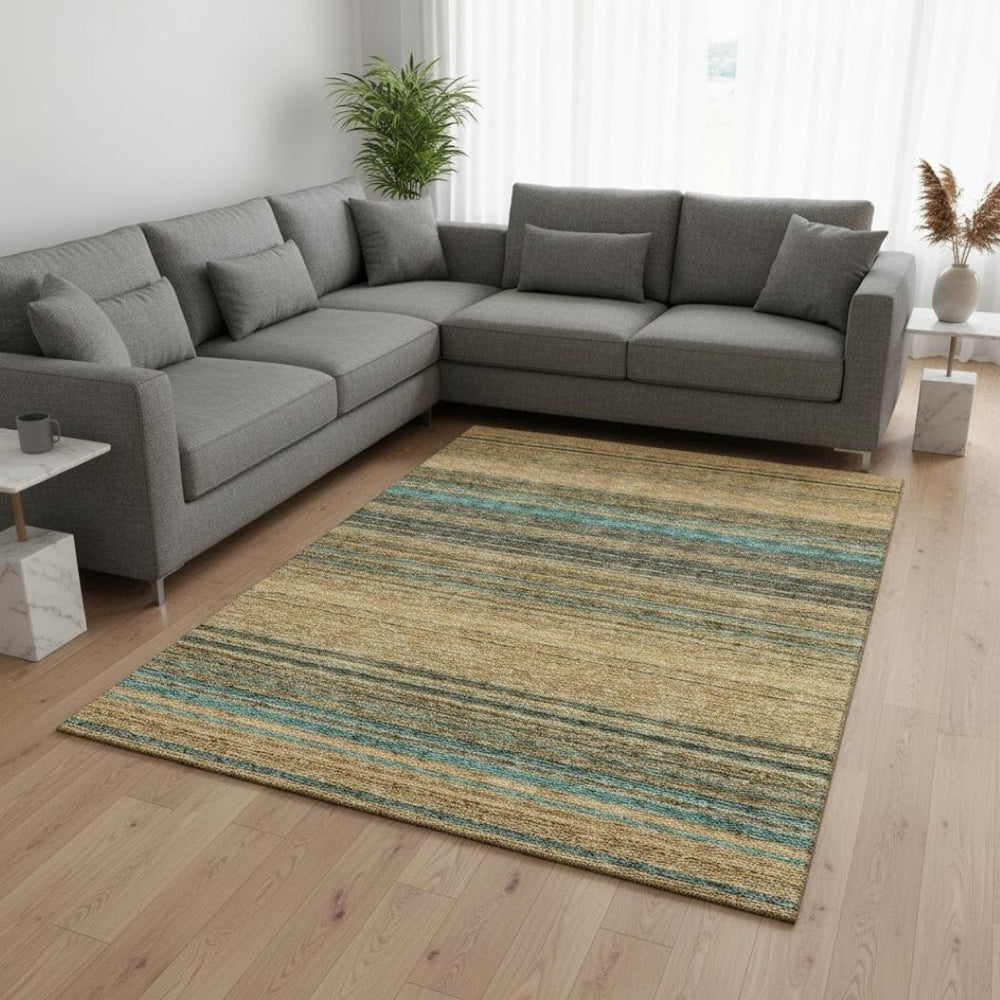 HomeRoots 8' X 10' Washable Striped Area Rug in Wheat, Teal, and Brown - UV Protected, Stain Resistant, Durable 677349