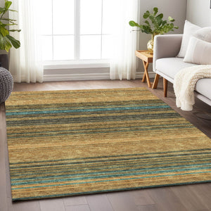 HomeRoots 8' X 10' Washable Striped Area Rug in Wheat, Teal, and Brown - UV Protected, Stain Resistant, Durable 677349