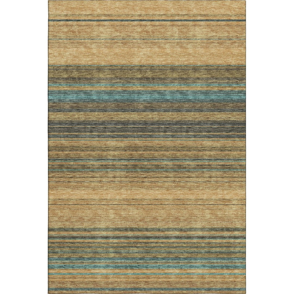 HomeRoots 8' X 10' Washable Striped Area Rug in Wheat, Teal, and Brown - UV Protected, Stain Resistant, Durable 677349