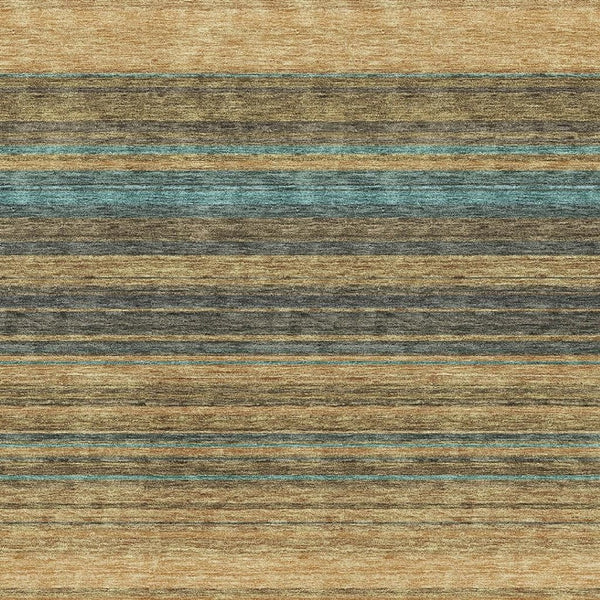 HomeRoots 8' X 10' Washable Striped Area Rug in Wheat, Teal, and Brown - UV Protected, Stain Resistant, Durable 677349
