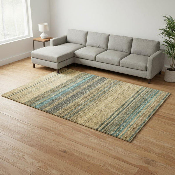HomeRoots 9' X 12' Striped Washable Area Rug in Wheat, Teal & Brown - Durable, UV Protected & Stylish Design 677350