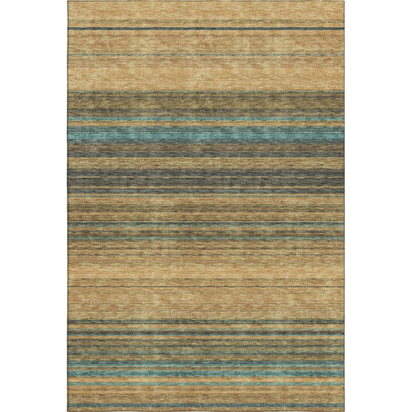 HomeRoots 9' X 12' Striped Washable Area Rug in Wheat, Teal & Brown - Durable, UV Protected & Stylish Design 677350