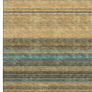 HomeRoots 9' X 12' Striped Washable Area Rug in Wheat, Teal & Brown - Durable, UV Protected & Stylish Design 677350