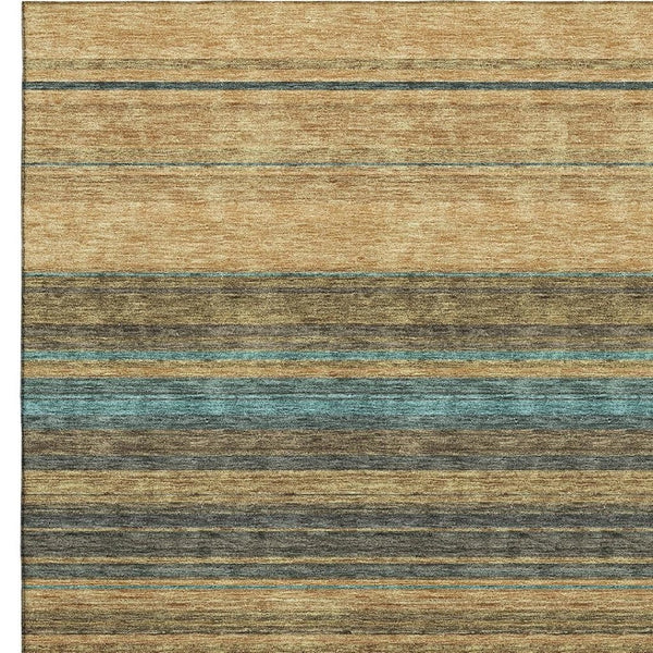 HomeRoots 9' X 12' Striped Washable Area Rug in Wheat, Teal & Brown - Durable, UV Protected & Stylish Design 677350