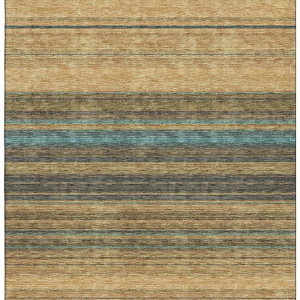 HomeRoots 9' X 12' Striped Washable Area Rug in Wheat, Teal & Brown - Durable, UV Protected & Stylish Design 677350
