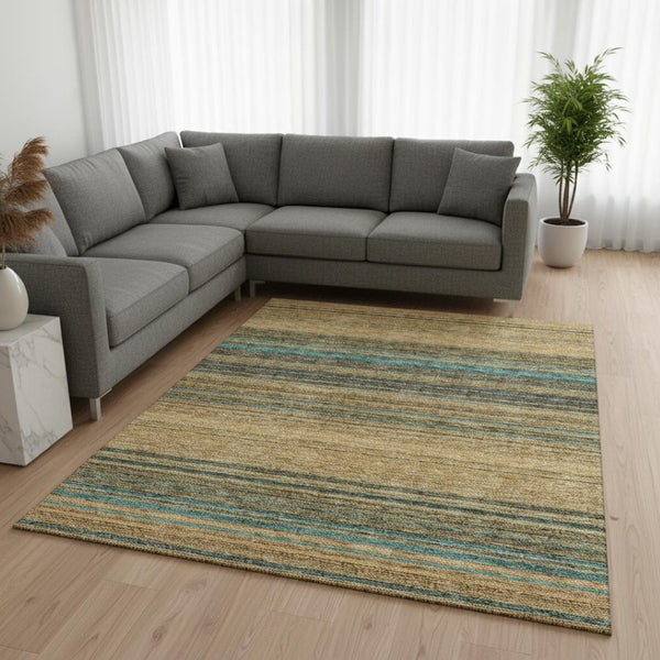 HomeRoots 10' X 14' Washable Area Rug in Wheat, Teal & Brown Stripes – UV Protection, Stain Resistant, Durable! 677351