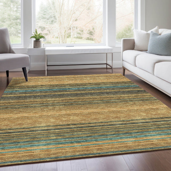 HomeRoots 10' X 14' Washable Area Rug in Wheat, Teal & Brown Stripes – UV Protection, Stain Resistant, Durable! 677351
