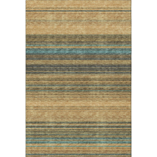 HomeRoots 10' X 14' Washable Area Rug in Wheat, Teal & Brown Stripes – UV Protection, Stain Resistant, Durable! 677351