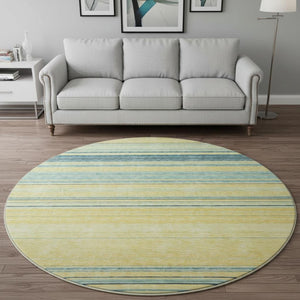 HomeRoots 8' Washable Round Rug with UV Protection - Soft Yellow, Ivory & Wheat Striped Design for Any Space 677354