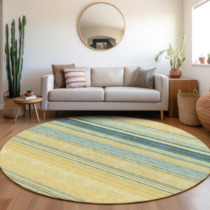 HomeRoots 8' Washable Round Rug with UV Protection - Soft Yellow, Ivory & Wheat Striped Design for Any Space 677354