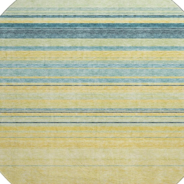 HomeRoots 8' Washable Round Rug with UV Protection - Soft Yellow, Ivory & Wheat Striped Design for Any Space 677354
