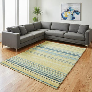 HomeRoots 9' X 12' Striped Yellow Ivory Washable Area Rug with UV Protection - Durable & Stylish for Your Home 677356