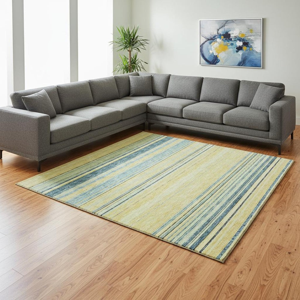 HomeRoots 10' Yellow Ivory and Wheat Striped Washable Area Rug - UV Protected, Perfect for Homes with Kids & Pets! 677357