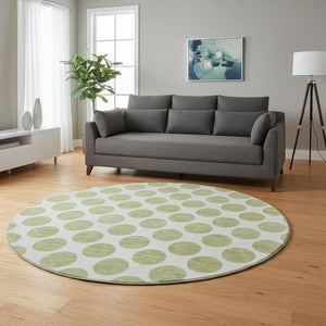 HomeRoots 8' Artichoke Green & Ivory Polka Dot Washable Round Rug - UV Protected, Family-Friendly Design! 677360