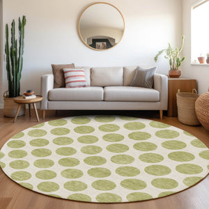 HomeRoots 8' Artichoke Green & Ivory Polka Dot Washable Round Rug - UV Protected, Family-Friendly Design! 677360